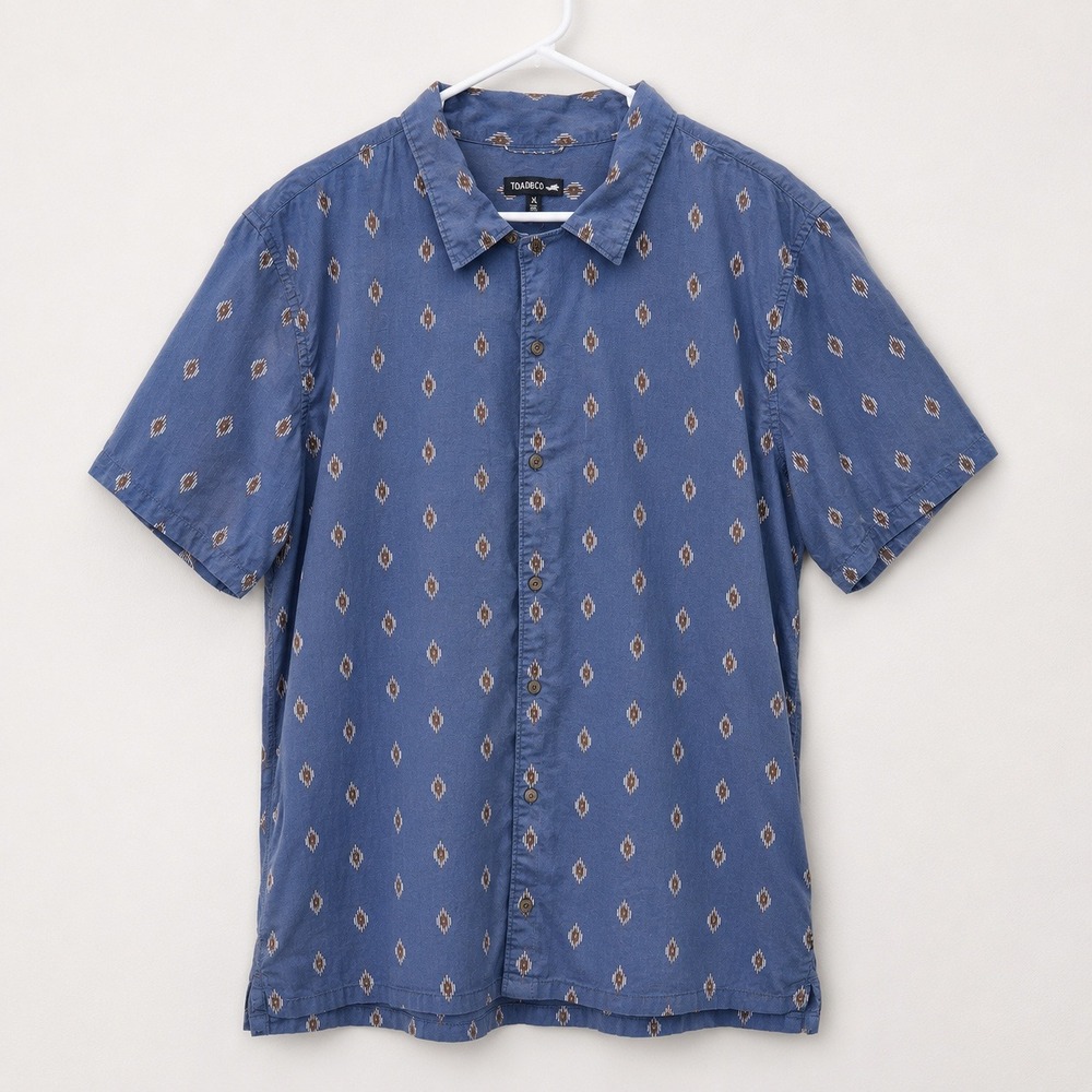 Toad&Co Harbour SS Shirt Mens XL Blue Organic Cotton Geometric Ikat Print XL